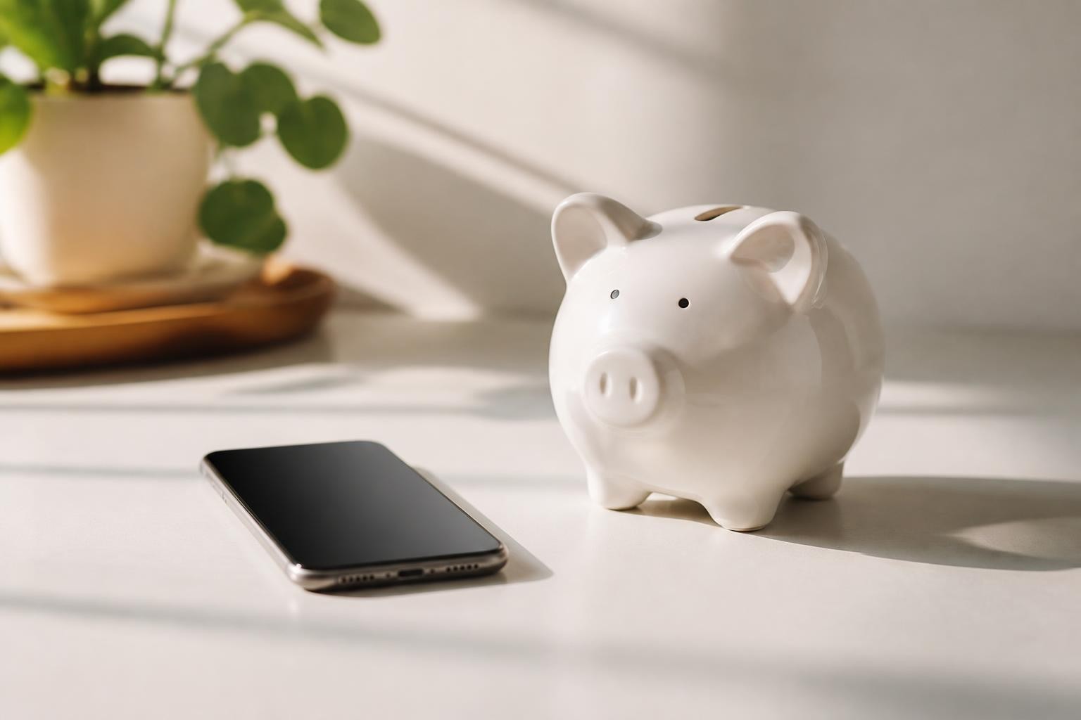 Cofrinho e celular sobre uma mesa clara, representando economia na divulgação