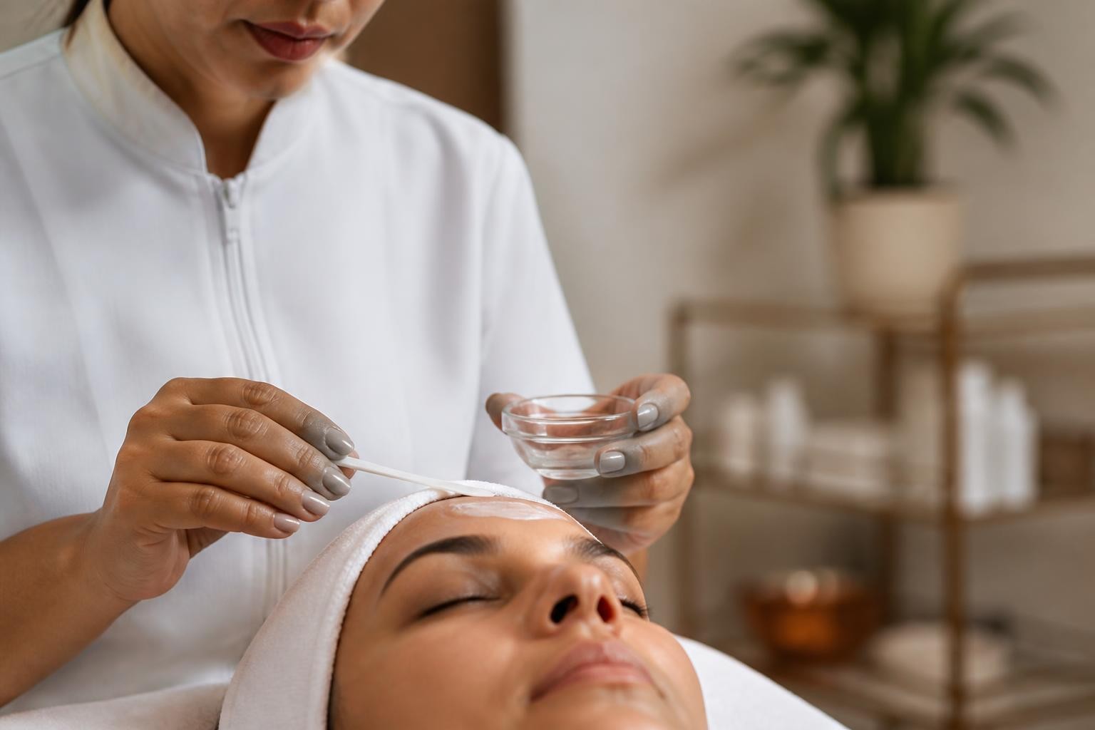Sala de estética limpa e organizada, com luz suave