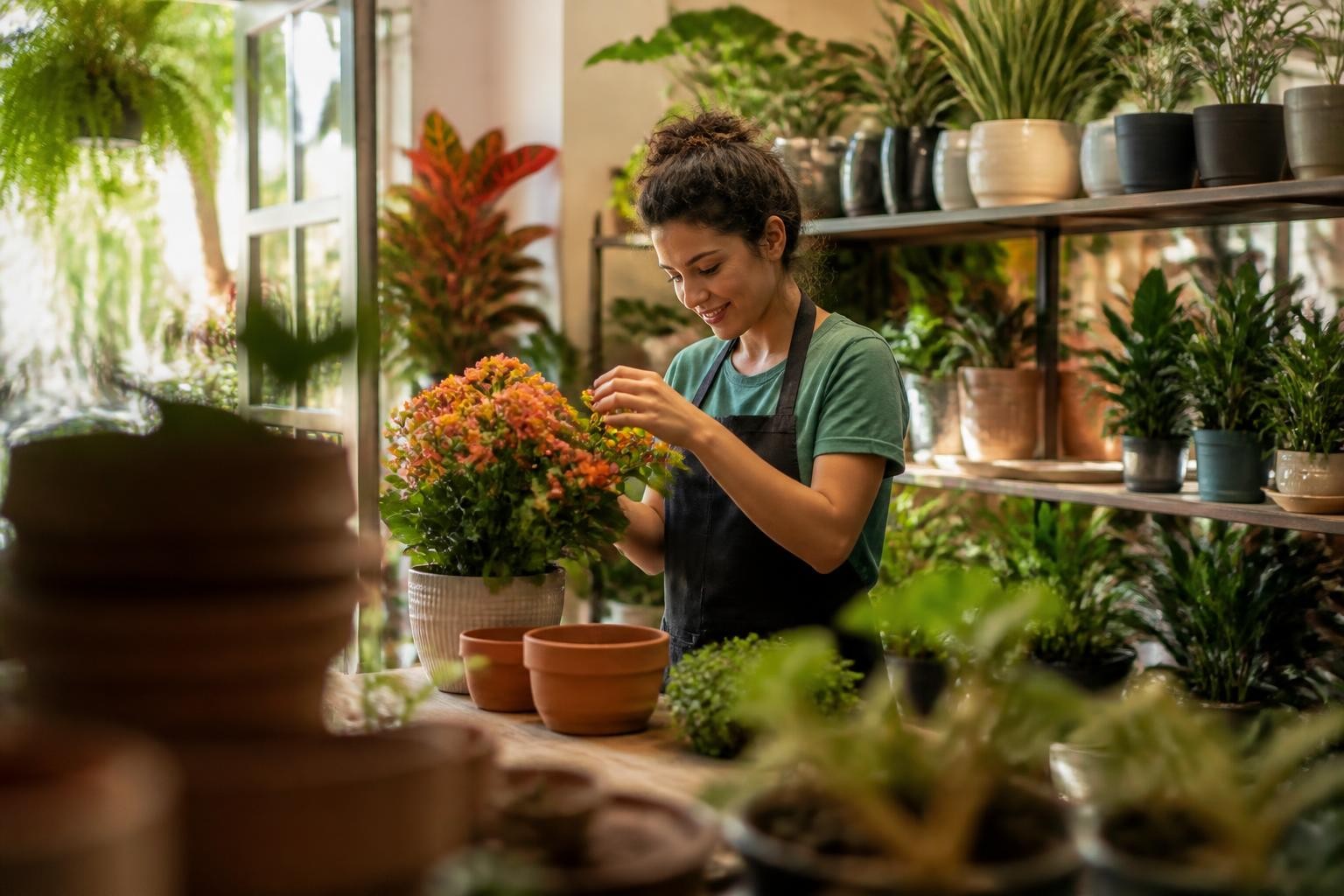Buquê de rosas sendo montado sobre bancada de floricultura