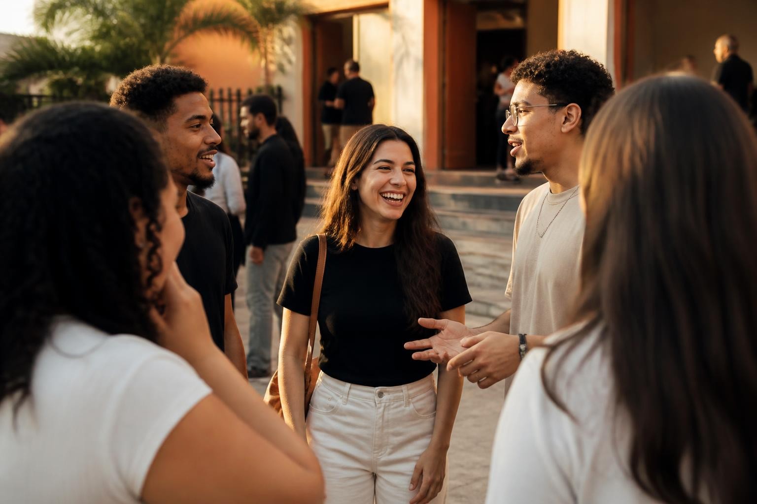 Jovens conversando no pátio de uma igreja depois do culto