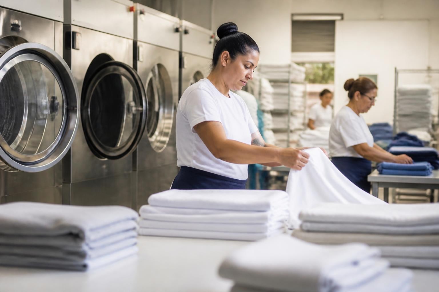 Camisas passadas e organizadas em uma lavanderia