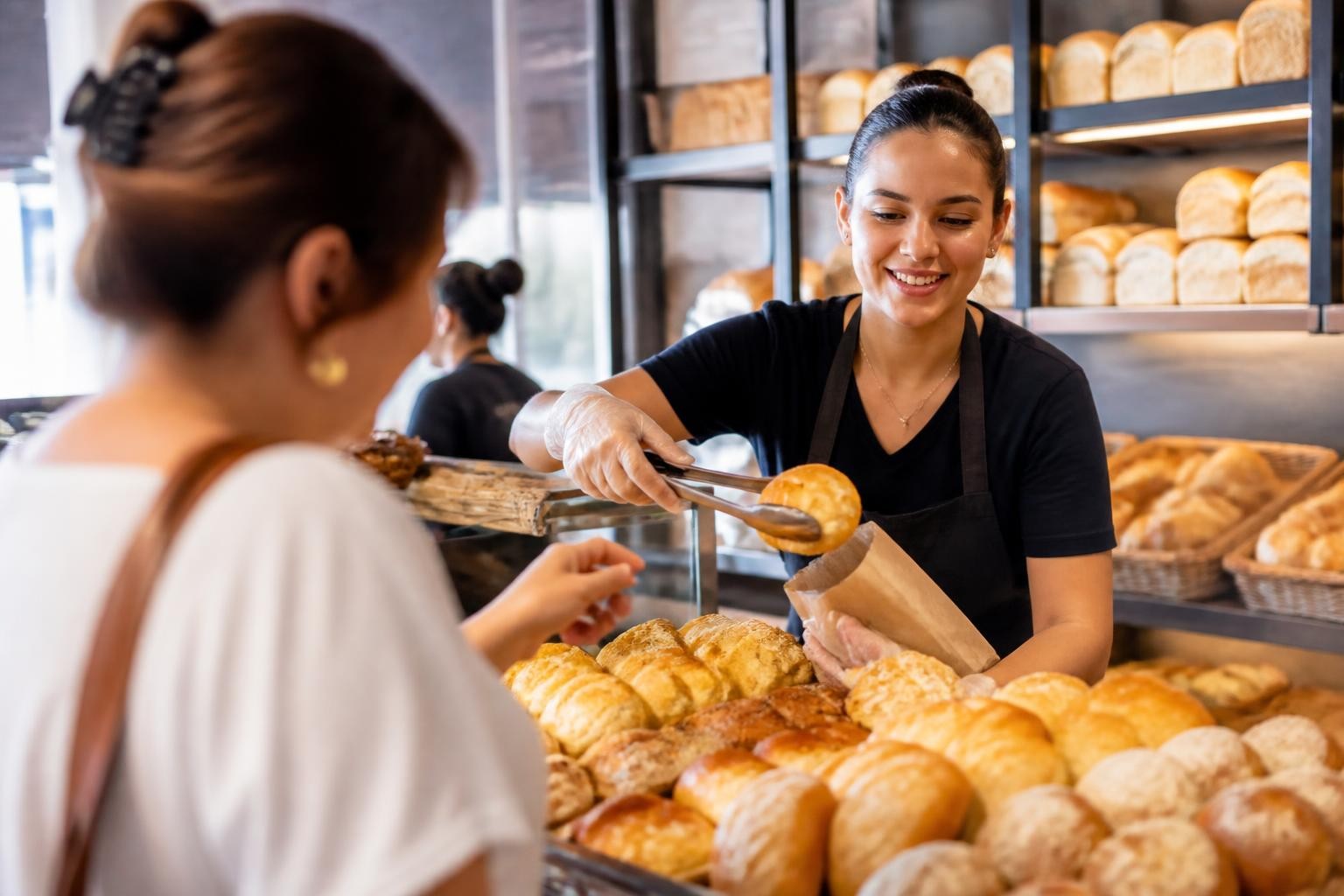 Pães franceses saindo do forno numa padaria de bairro