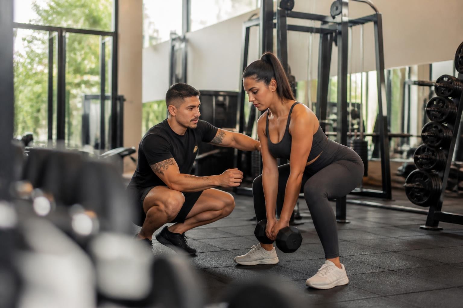 Personal trainer orientando a execução de um exercício na academia
