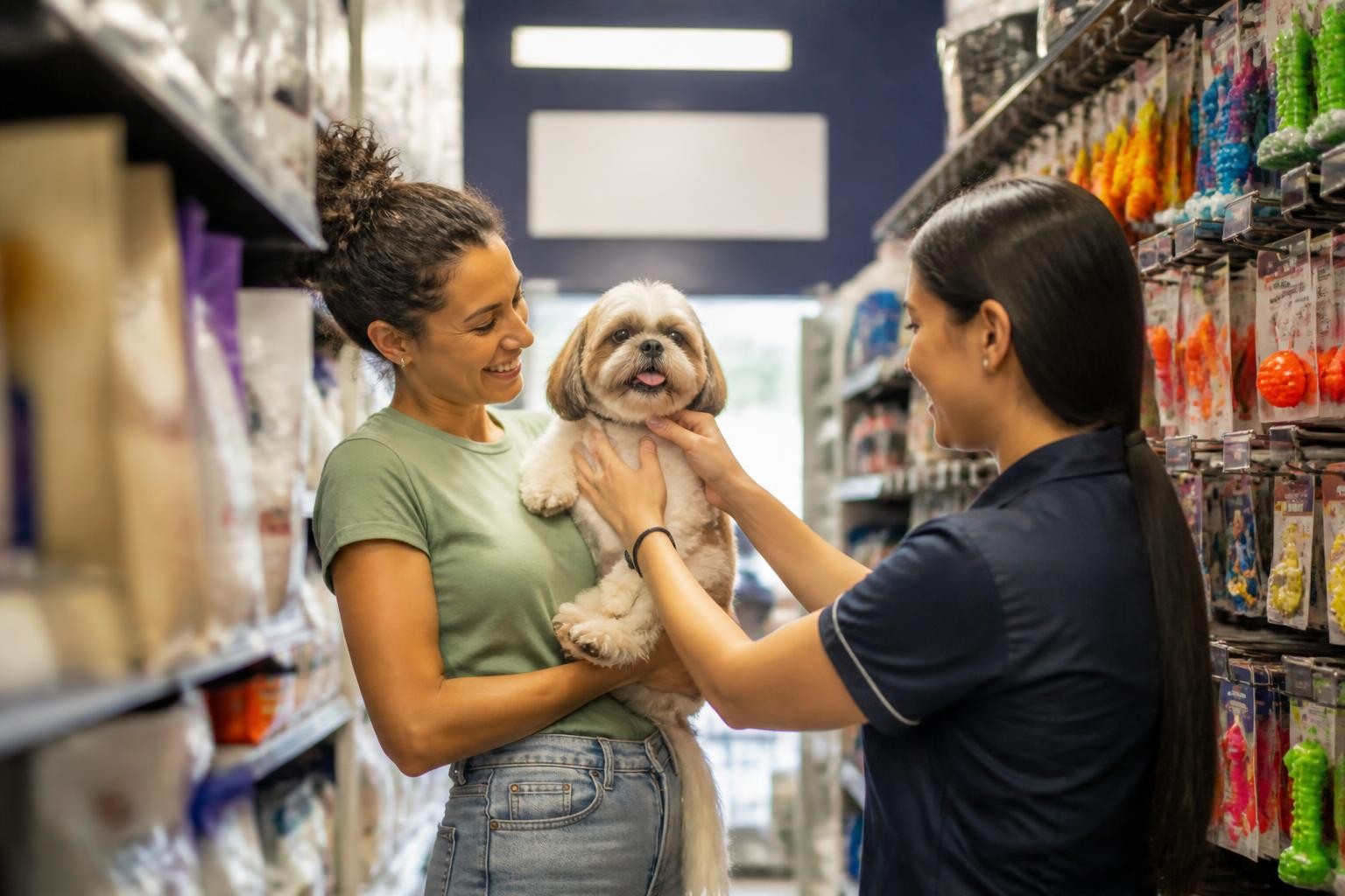 Cachorro recém-tosado, fotografado com luz natural num pet shop