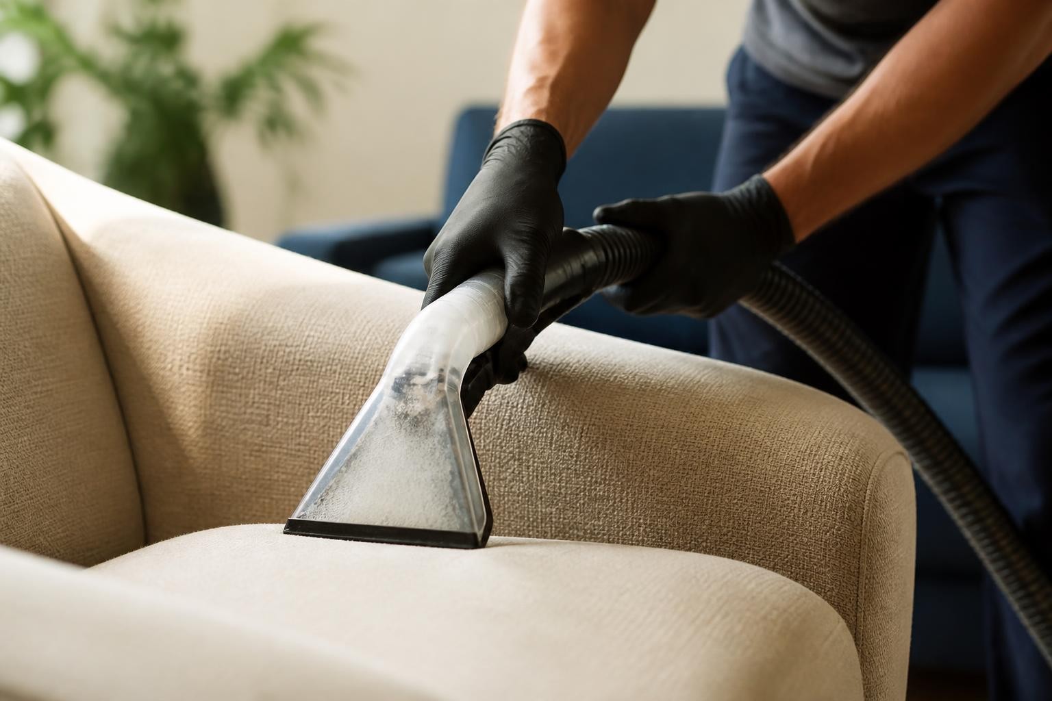 Sofá durante a higienização, com metade limpa e metade suja