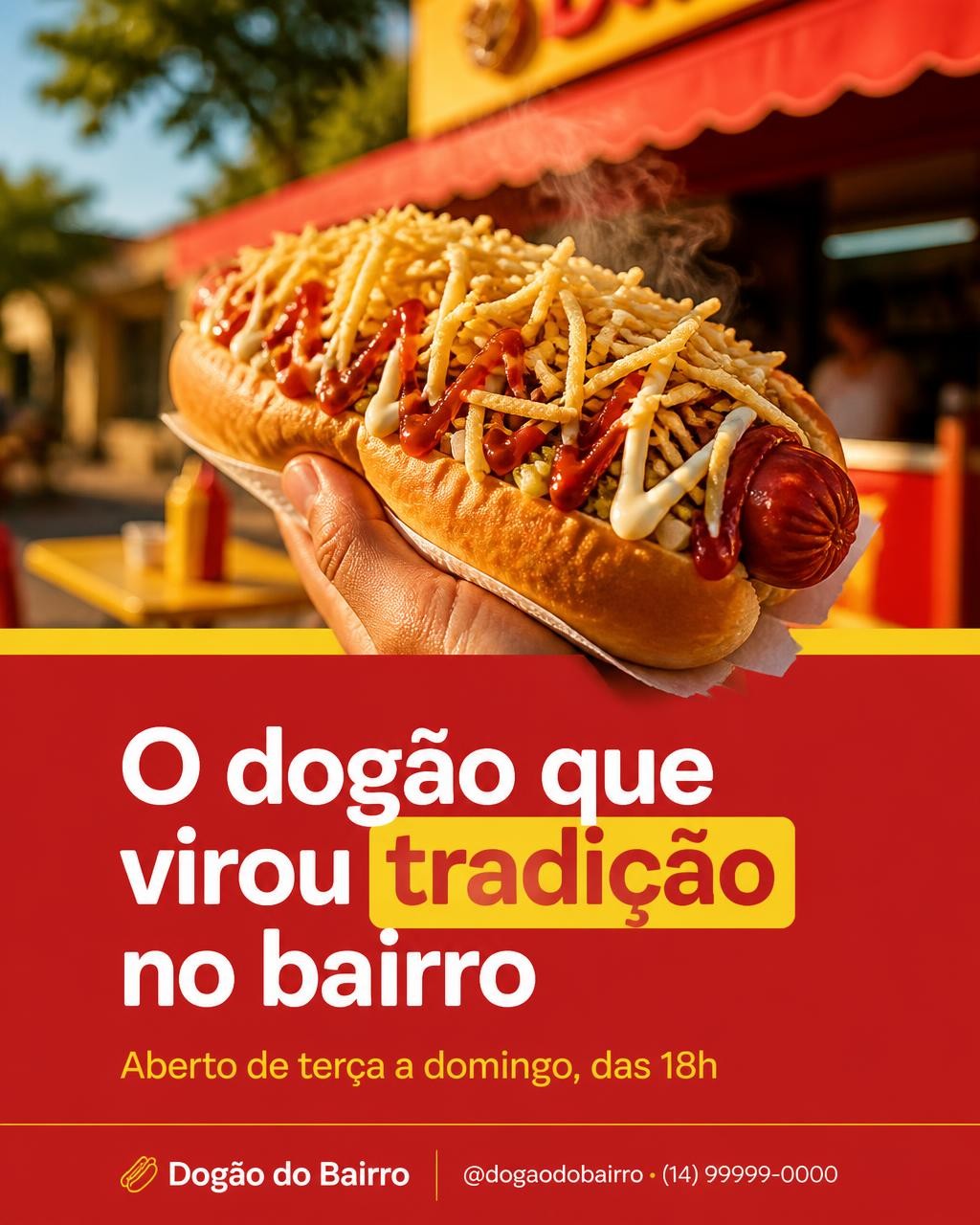O mesmo cachorro-quente virando post: luz quente, close e o texto pronto
