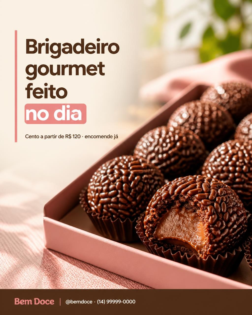 Os mesmos brigadeiros virando post, com fundo limpo e granulado brilhando