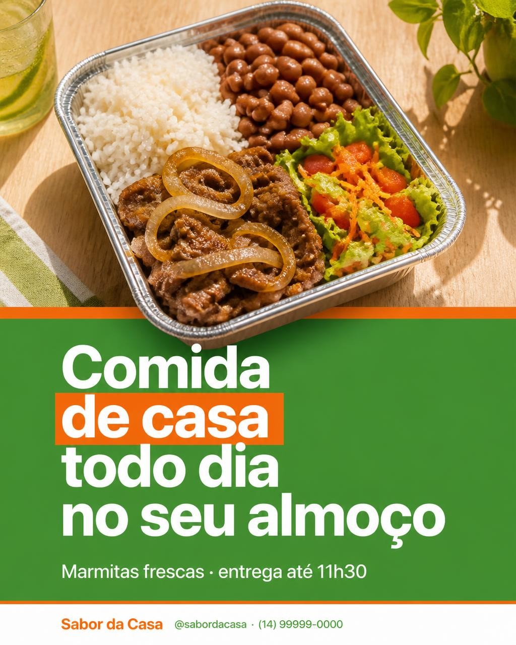 A mesma marmita virando post profissional, com fundo novo e o texto pronto